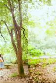 森林里面出现的碎花裙美少女